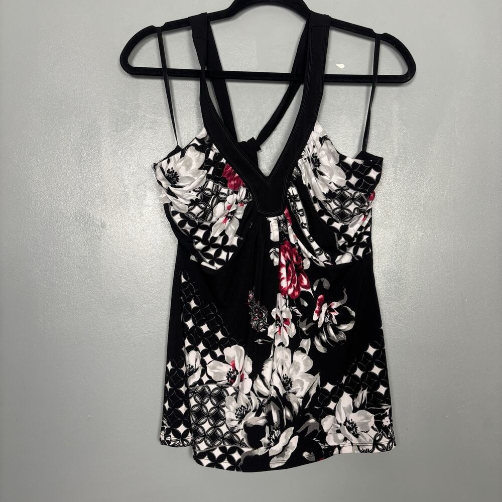 WHBM Women’s Sleeveless Floral Black Pink Backless Halter Top Shirt Small